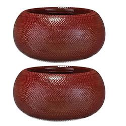 Foto van Set van 2x stuks bloempotten schalen bordeaux rood ribbels keramiek voor kamerplant h16 x d32 cm - plantenpotten