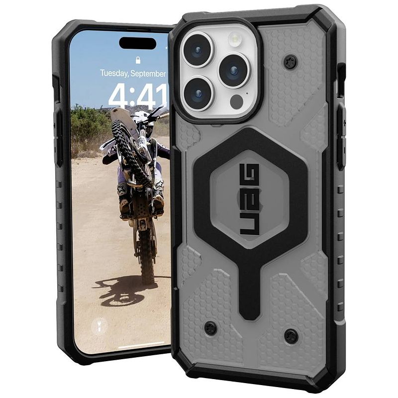 Foto van Urban armor gear pathfinder magsafe backcover apple iphone 15 pro max grijs (transparant)