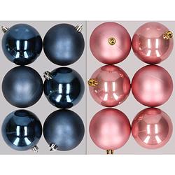 Foto van 12x stuks kunststof kerstballen mix van donkerblauw en oudroze 8 cm - kerstbal