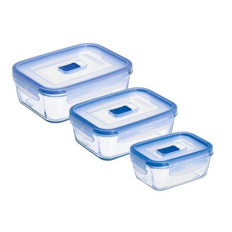 Foto van 3x glazen voedsel bewaar bakjes rechthoekig transparant/blauw - vershoudbakjes
