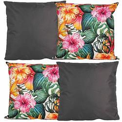 Foto van Bank/tuin kussens set - voor binnen/buiten - 4x stuks - antraciet/tropical print - 45 x 45 cm - sierkussens