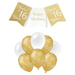 Foto van Paperdreams luxe 16 jaar feestversiering set - ballonnen & vlaggenlijnen - wit/goud - feestpakketten