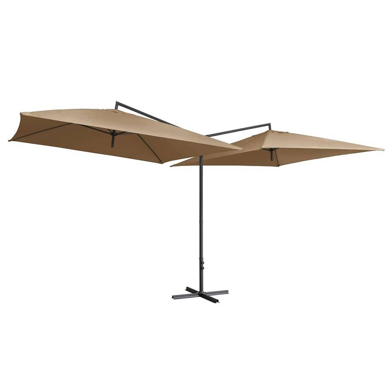 Foto van The living store dubbele parasol - taupe - 485 x 250 x 260 cm - uv-beschermend en anti-vervagend