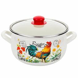 Foto van Emalia retro haan rooster geëmailleerde vintage kookpan 22 cm 5.3 liter crème / rood