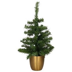 Foto van Kunst kerstboom/kunstboompje groen in gouden pot h60 cm - kunstkerstboom