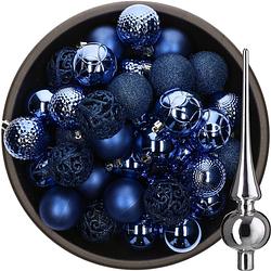 Foto van 37x stuks kunststof kerstballen 6 cm kobalt blauw incl. glazen piek glans zilver - kerstbal