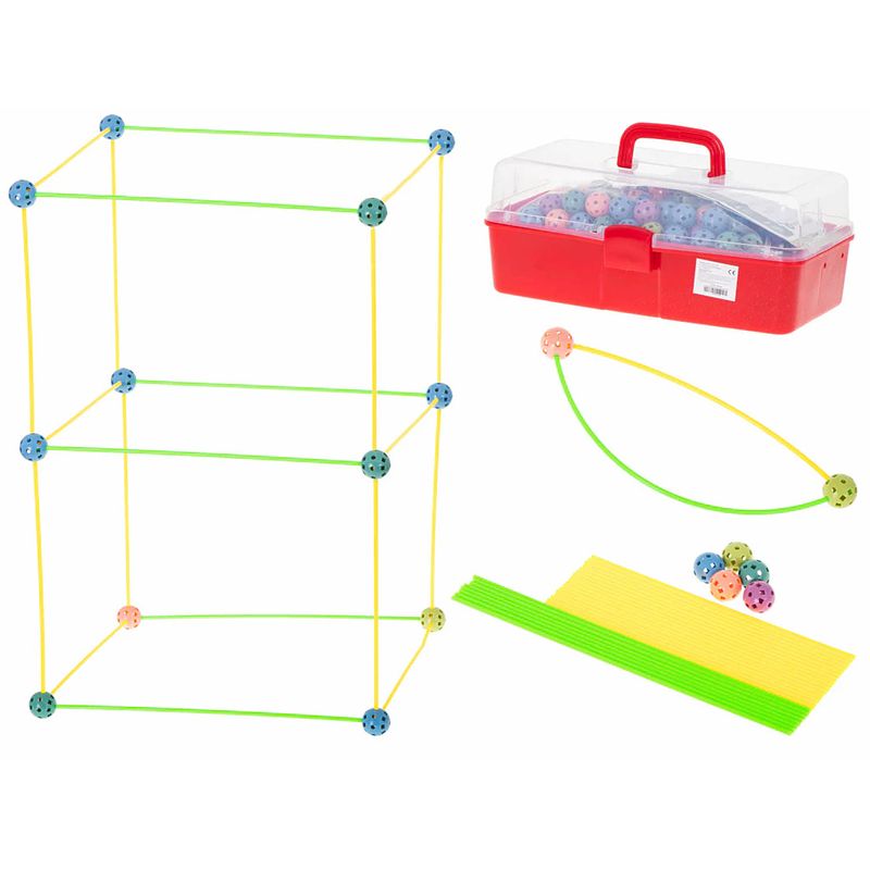 Foto van Geometrische constructie xxl set 480 delig - bouwrietjes in opbergbox - maak je eigen bouwwerken