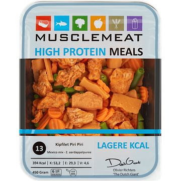 Foto van Muscle meat high protein meal kipfilet piri piri mexico mix zoete aardappel puree 400g bij jumbo