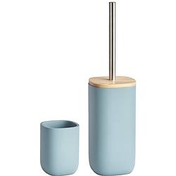 Foto van Wc/toiletborstel met houder en badkamer beker - lichtblauw - kunststeen - toiletborstels