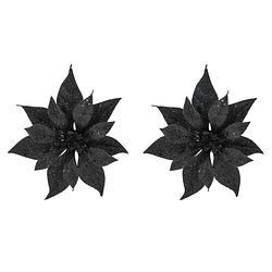 Foto van 2x stuks decoratie bloemen kerstster zwart glitter op clip 18 cm - kersthangers