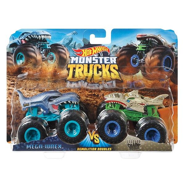 Foto van Hot wheels monster trucks 1:64 2 pack mega wrex vs leopard shark auto