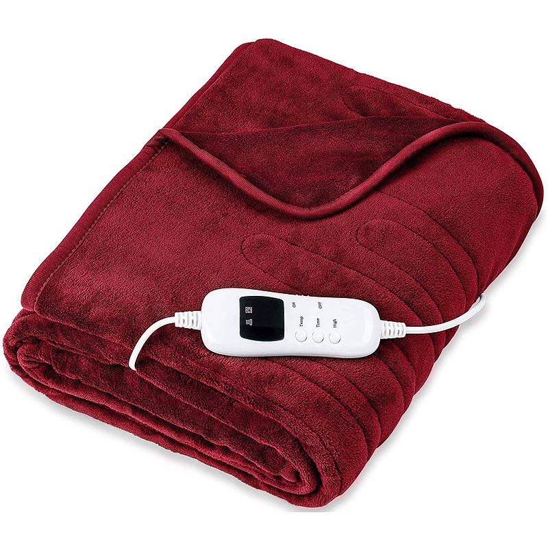 Foto van Elektrische deken, wijnrood, verwarmde deken, xxl verwarmingsdeken, 200 x 180 cm, automatisch uitschakelen