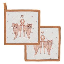 Foto van Haes deco - set van 2 pannenlappen - 20x20 cm - 100% katoen - kitty cats