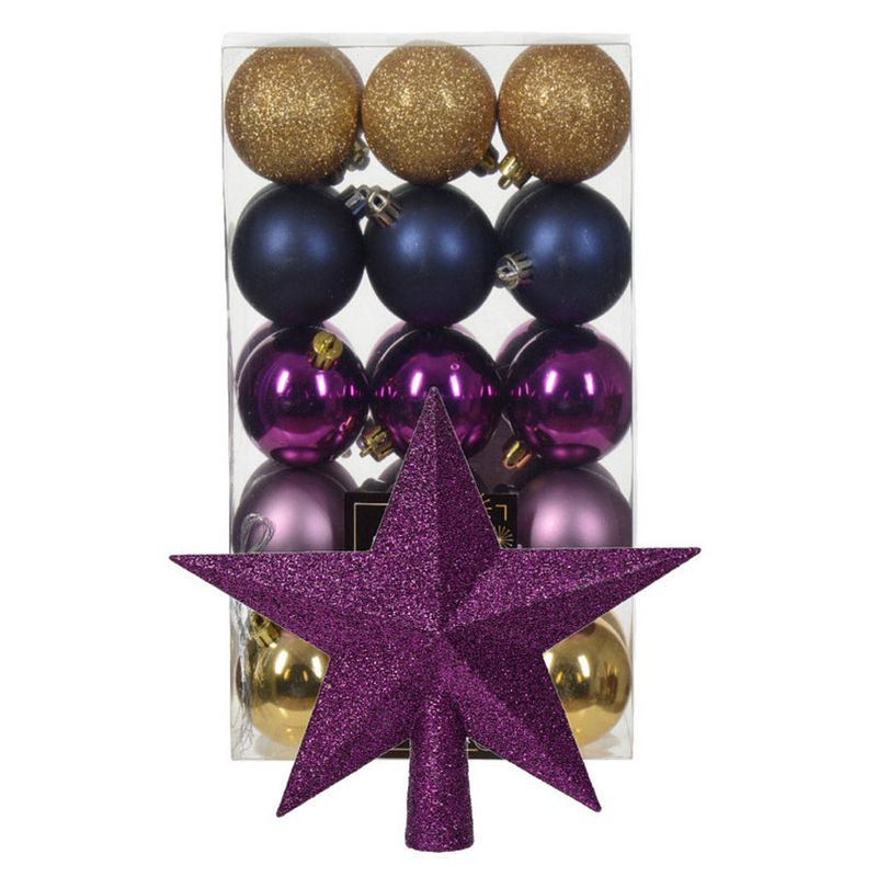 Foto van Kerstballen 30x - goud/blauw/paars- 6 cm -en ster piek paars- kunststof - kerstbal