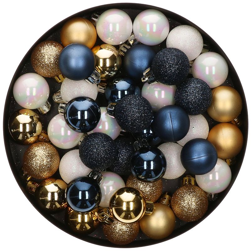 Foto van 48x stuks kunststof kerstballen mix wit/goud/donkerblauw 4 cm - kerstbal