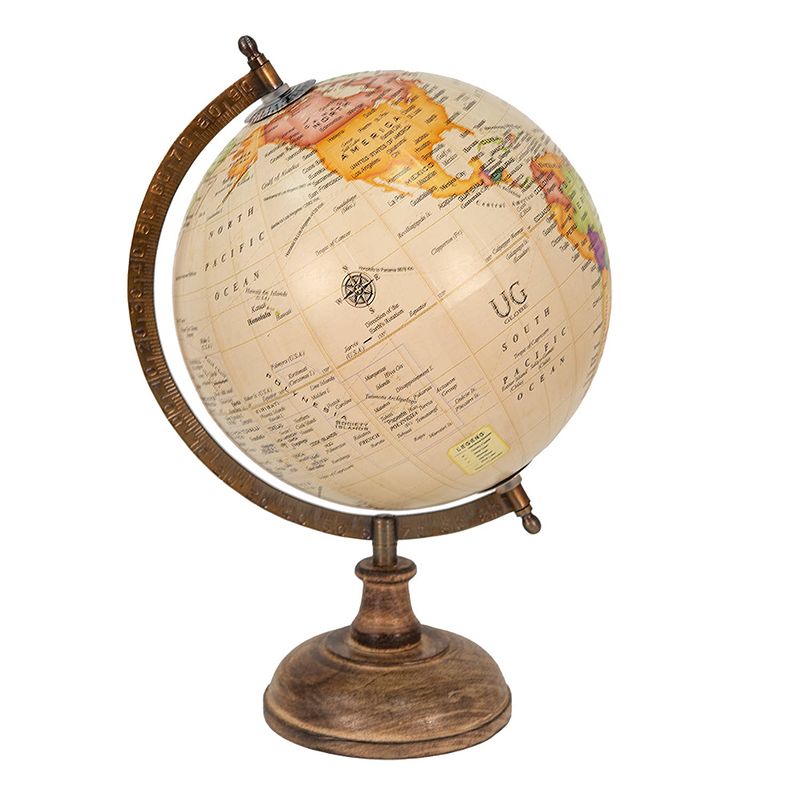 Foto van Clayre & eef wereldbol decoratie 22*22*37 cm beige bruin hout ijzer rond globe aardbol beige globe aardbol