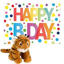 Foto van Pluche dieren knuffel tijger 20 cm met happy birthday wenskaart - knuffeldier
