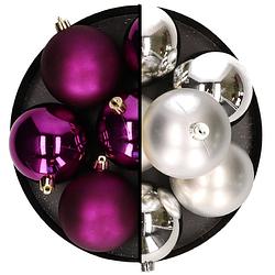 Foto van Decoris kerstballen - 12x st - 8 cm - zilver en paars - kunststof - kerstbal