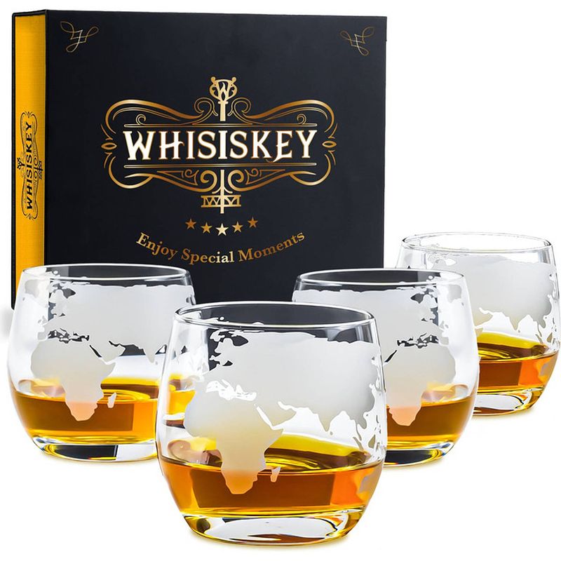 Foto van Whisiskey wereldbol whiskey glazen - 4 glazen - whiskey glazen set - waterglazen - drinkglazen - 370 ml whisky glas