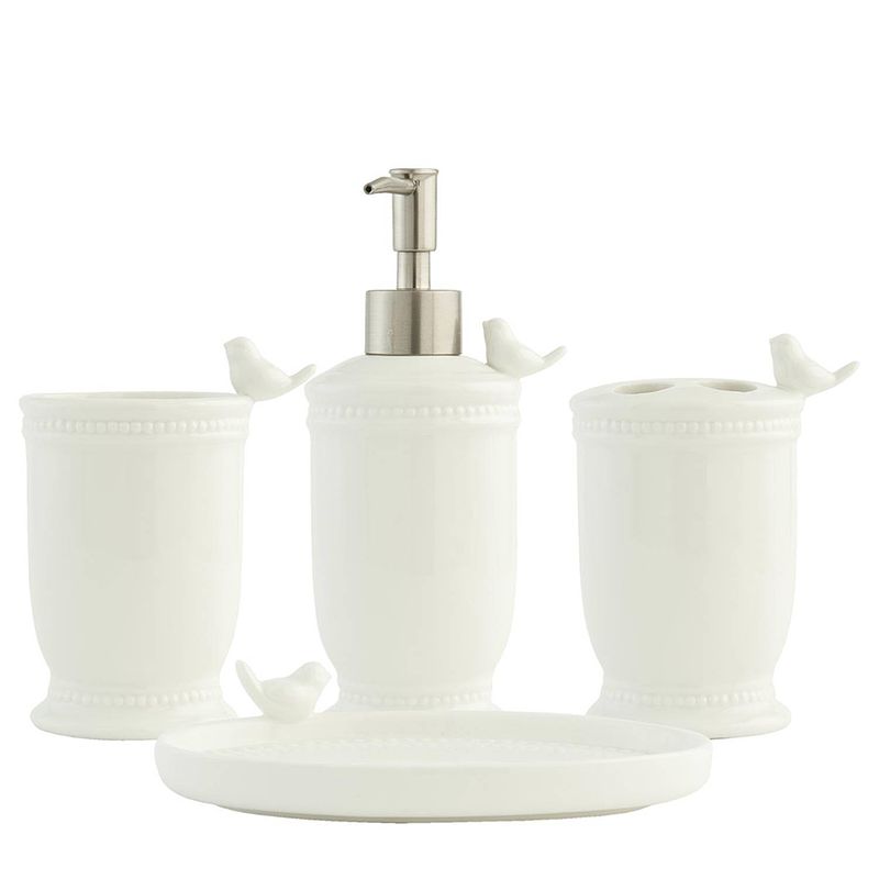 Foto van Clayre & eef badkamerset set van 4 vogel wit keramiek rond vogel badkamer accessoires set badkamer accessoires wit