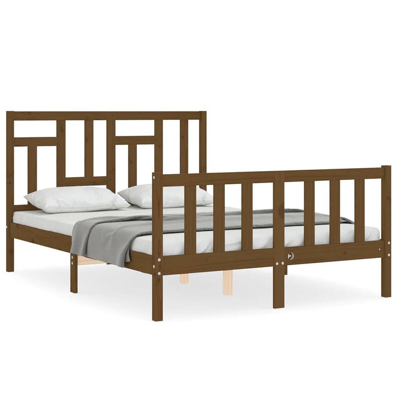 Foto van The living store massief grenenhouten bedframe - 195.5 x 125.5 x 100 cm - honingbruin - multiplex lattenbodem