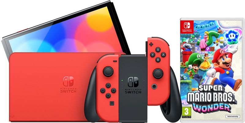 Foto van Nintendo switch oled super mario edition + super mario bros. wonder