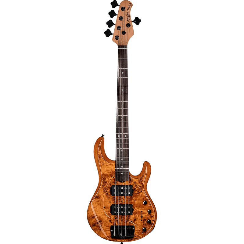 Foto van Sterling by music man stingray ray35 hh poplar burl amber 5-snarige elektrische basgitaar met deluxe gigbag