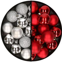 Foto van 36x stuks kunststof kerstballen zilver en rood 3 en 4 cm - kerstbal