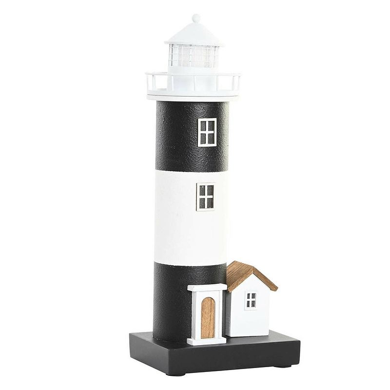 Foto van Maritieme decoraties beeldje vuurtoren - hout - 15 x 37 cm - wit/zwart - met led lampje - beeldjes