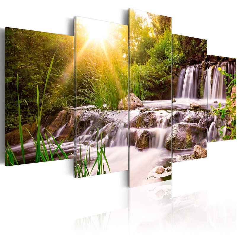 Foto van Artgeist forest waterfall canvas schilderij 5-luik 200x100cm
