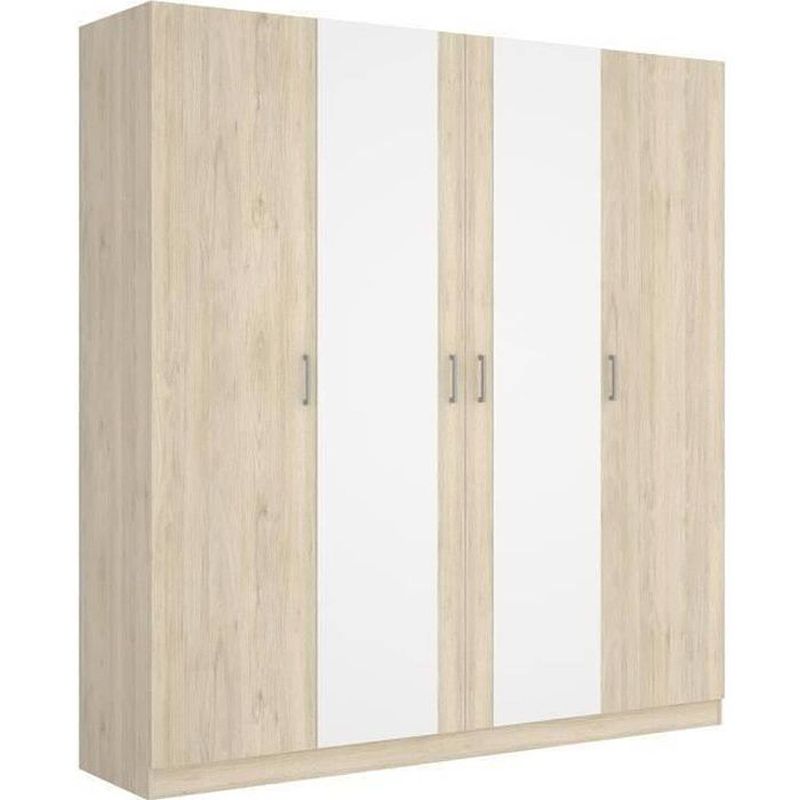 Foto van Kleerkast 4 deuren + spiegels - eiken decor - l 200 x d 52 x h 215 cm - maxi