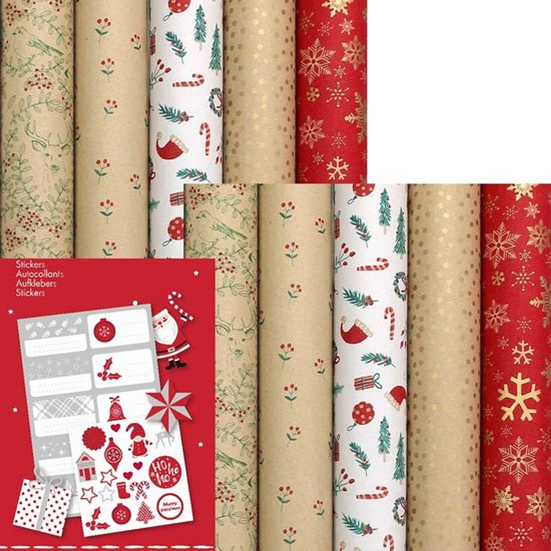 Foto van Winter garden - kerstpapier assortiment cadeaupapier voor kerst - 2 meter x 70 cm - 10 rollen - inclusief labels