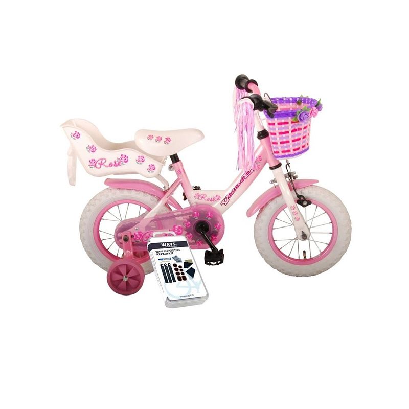 Foto van Volare kinderfiets rose - 12 inch - roze/wit - inclusief ways bandenplakset