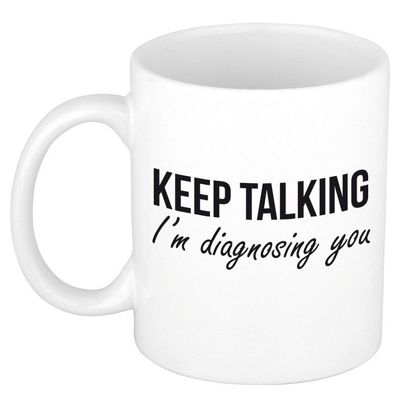 Foto van Keep talking diagnosing kado mok / beker wit - psychologie geslaagd / afstudeer cadeau - feest mokken