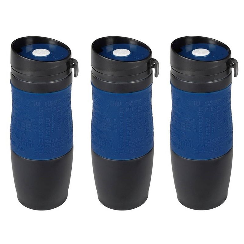 Foto van 3x dubbelwandige thermobekers donkerblauw/zwart 380 ml - thermosbeker