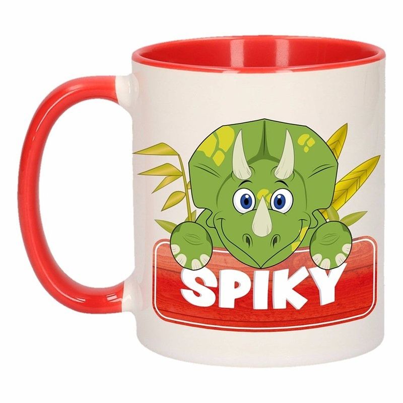 Foto van 1x spiky beker / mok - rood met wit - 300 ml keramiek - dinosaurus bekers