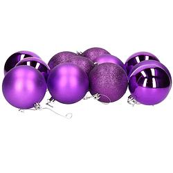Foto van 12x stuks kerstballen paars mix van mat/glans/glitter kunststof 8 cm - kerstbal