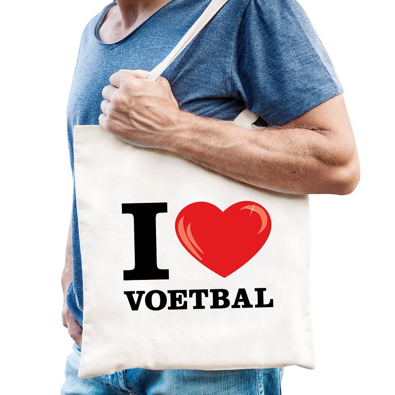 Foto van Katoenen tasje i love voetbal wit voor dames en heren - feest boodschappentassen