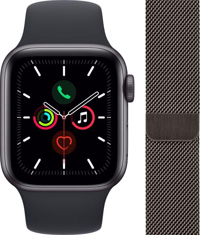 Foto van Apple watch se 44mm space gray aluminium nachtblauwe sportband + polsband milanees grafiet