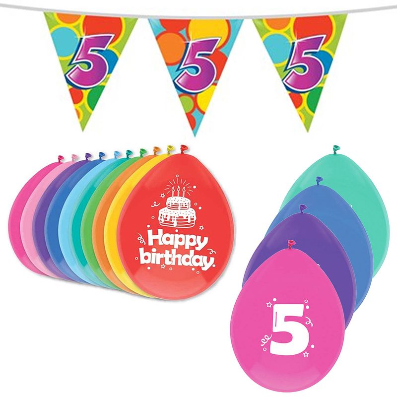Foto van Leeftijd verjaardag thema 5 jaar pakket ballonnen/vlaggetjes - feestpakketten