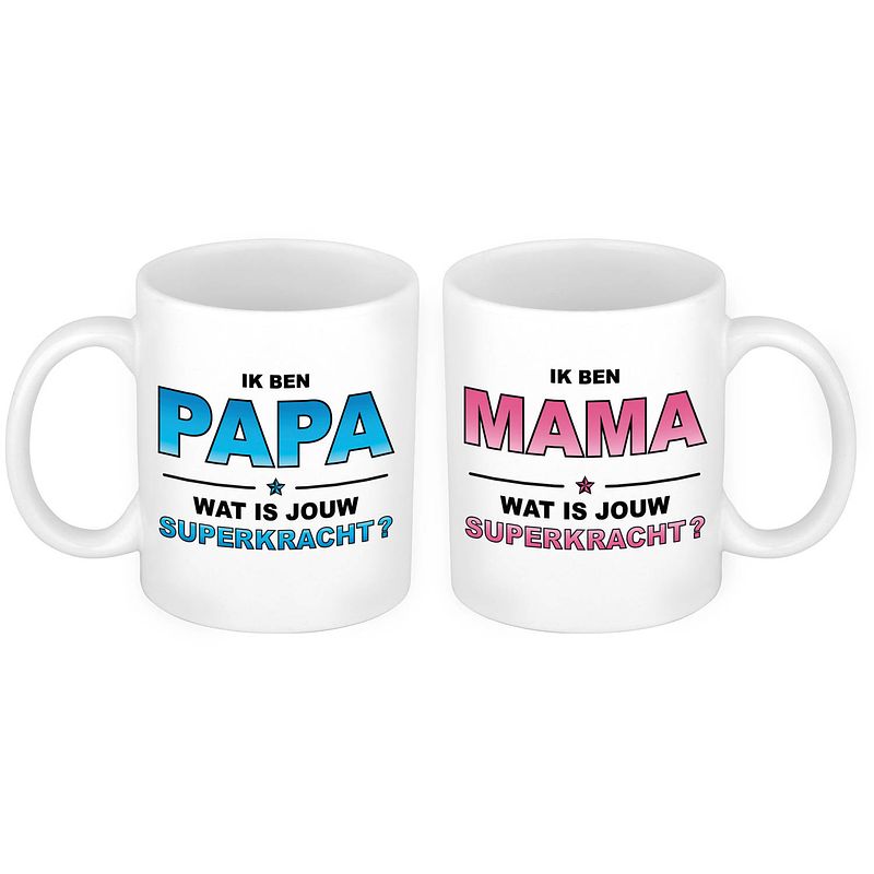 Foto van Papa en mama superkracht mok - cadeau beker set voor papa en mama - feest mokken