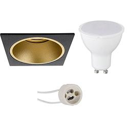 Foto van Led spot set - pragmi minko pro - gu10 fitting - dimbaar - inbouw vierkant - mat zwart/goud - 6w - helder/koud wit 6400k