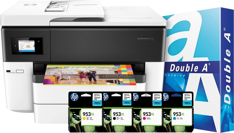 Foto van Hp officejet 7740 + 1 set extra inkt + 500 vellen a4 papier