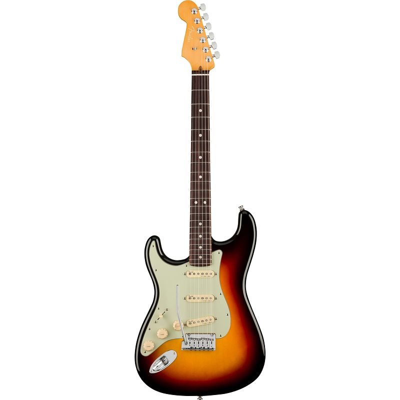 Foto van Fender american ultra stratocaster lh ultra burst rw linkshandige elektrische gitaar met koffer