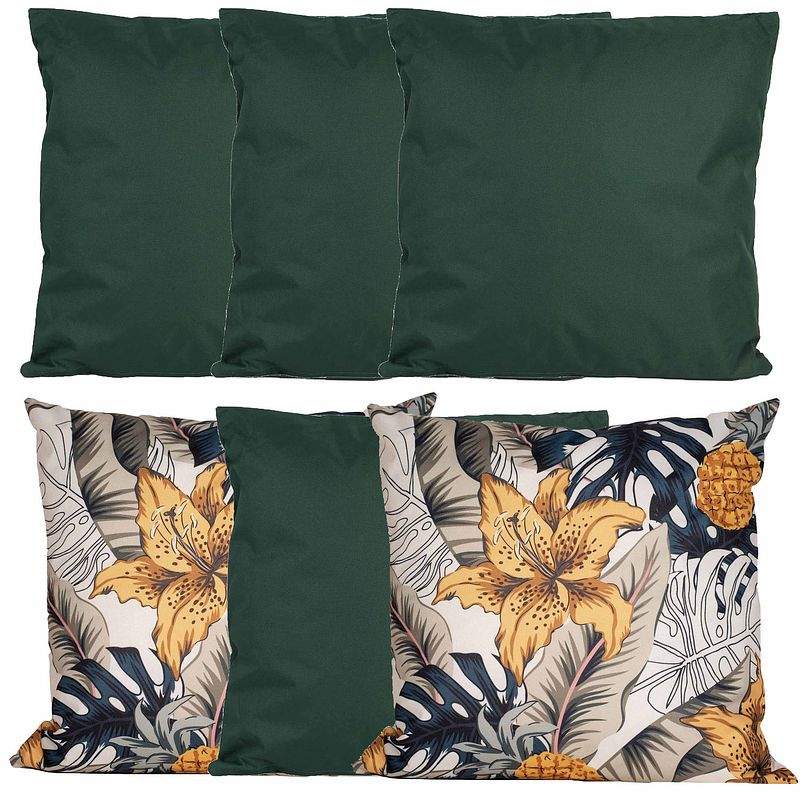 Foto van Bank/tuin kussens set - voor binnen/buiten - 6x stuks - groen/tropical print - 45 x 45 cm - sierkussens