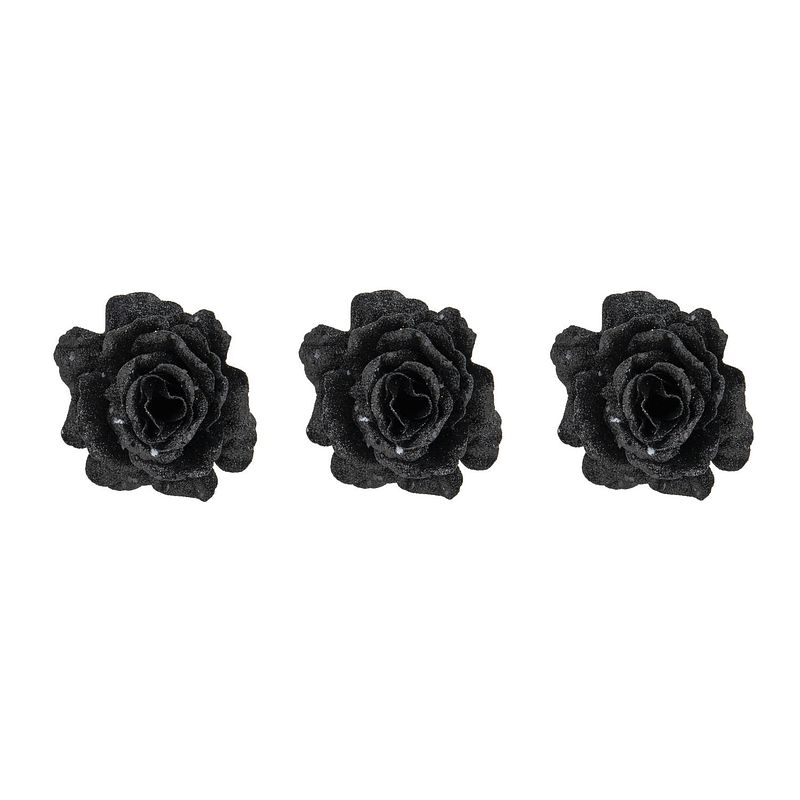 Foto van 4x stuks decoratie bloemen roos zwart glitter op clip 10 cm - kersthangers
