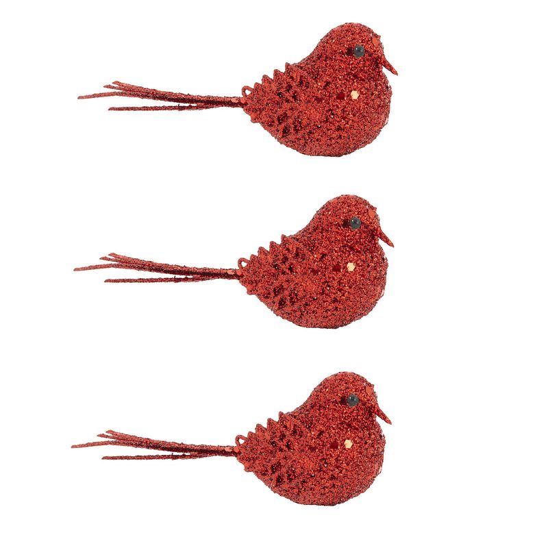 Foto van 6x stuks decoratie vogels op clip glitter rood 12 cm - kersthangers