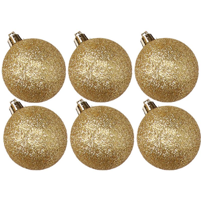 Foto van 6x stuks kunststof glitter kerstballen goud 8 cm - kerstbal