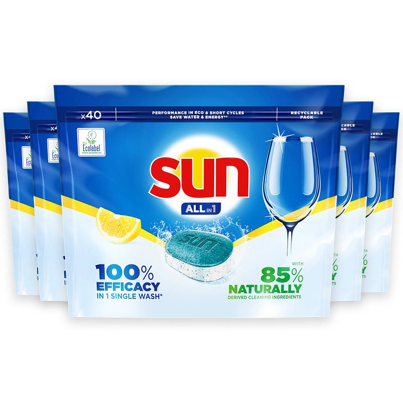 Foto van Sun - all-in-1 lemon - 100% oplosbare tabletfolie - 5 x 40 stuks - 200 vaatwastabletten - voordeelverpakking