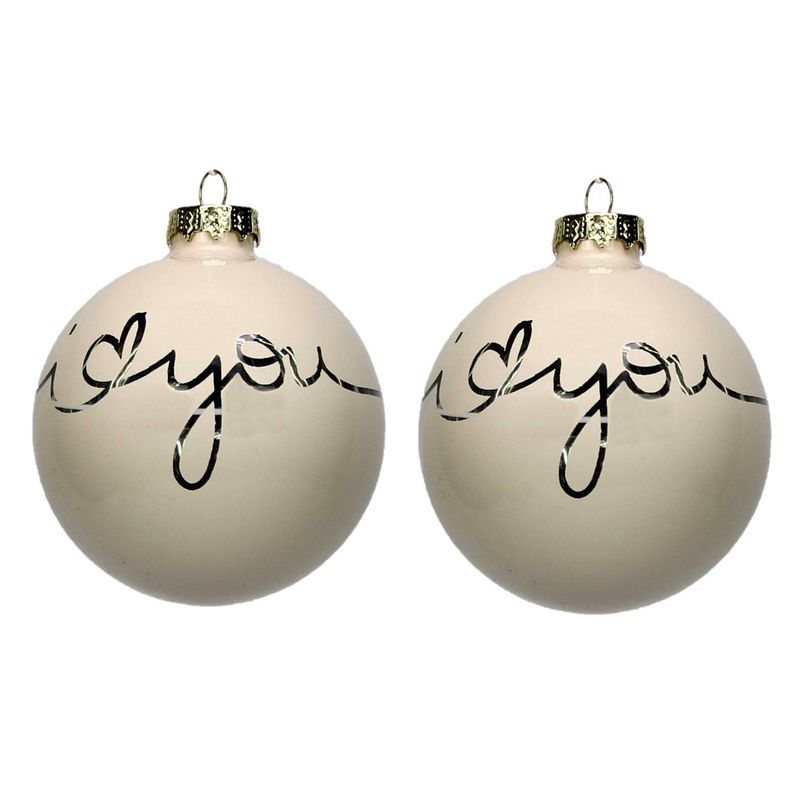 Foto van 2x stuks kerstcadeaus/kerstcadeautjes 2x witte glazen kerstballen i love you in giftbox - kerstbal